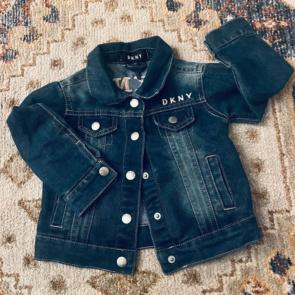 DKNY Toddler 2T Little Girl Dark Blue Jean Denim Jacket Pink Embroidered EUC - Picture 1 of 7